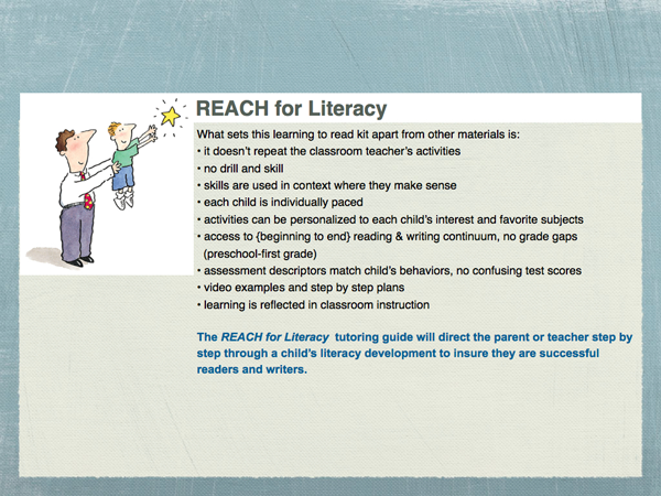 A slide with instructions for parents to teach children literacy.