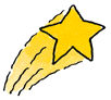 A yellow star with long tails flying in the air.