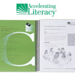 A green book with the words " accelerating literacy " on it.